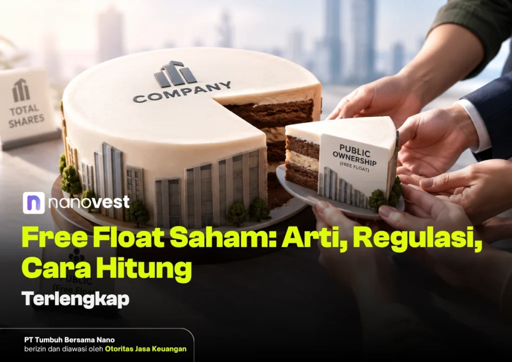 apa itu free float saham - Blog Nanovest Cake decorated as a building with a 'COMPANY' logo; a slice labeled 'Public Ownership (Free Float)' is being served.
