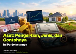 Desk scene with cash, gold, coins, a laptop showing a stock chart, a house model, and financial documents (Obligasi, Tabungan).