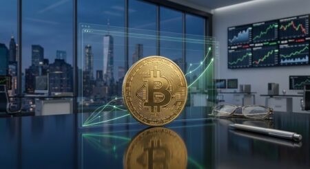 Bitcoin coin with holographic financial charts on a glass screen in a modern trading room overlooking a city skyline.