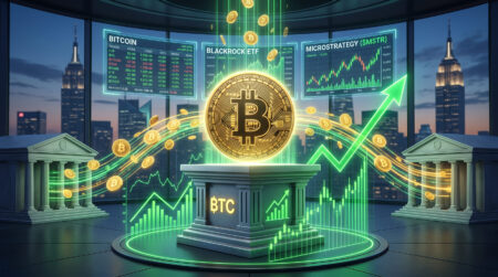 BlackRock Pimpin Inflow Bitcoin ETF $347 Juta Ilustrasi Bitcoin dengan grafik hijau naik mewakili akumulasi ETF BlackRock $347 juta