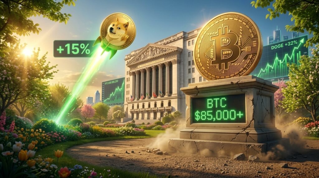 doge coin naik hari ini - Blog Nanovest Golden Bitcoin statue on a pedestal in a sunlit park, with rising crypto charts and a rocket-propelled Dogecoin; a digital sign shows BTC around ,000+.