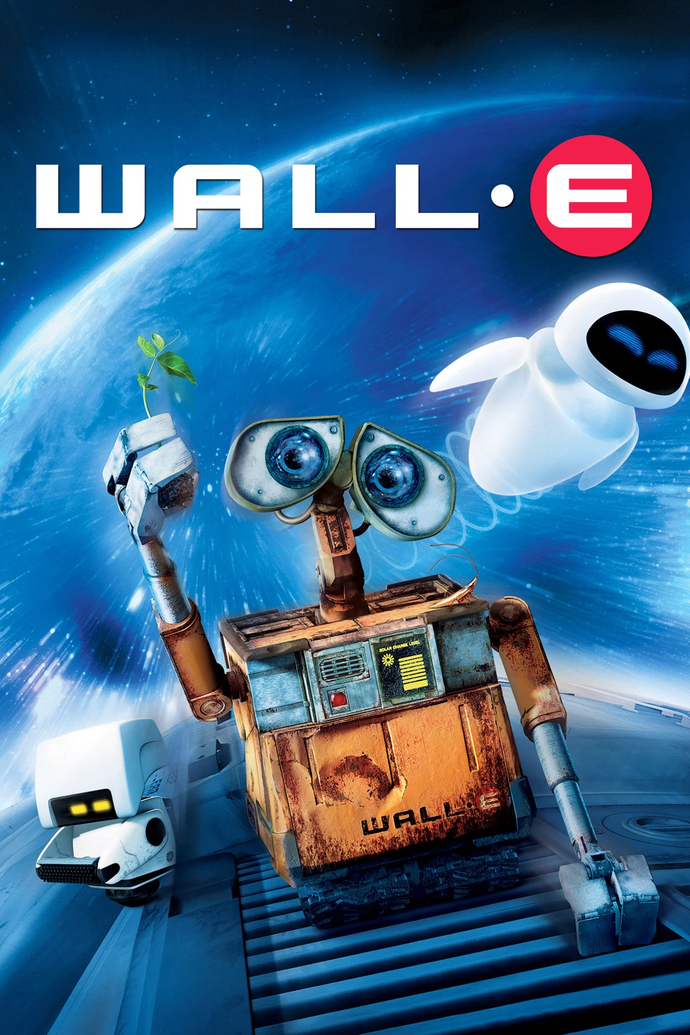 WALL-E (2008) - Blog Nanovest WALL•E and EVE float in space as WALL•E holds a small plant with Earth in the blue background behind them.
