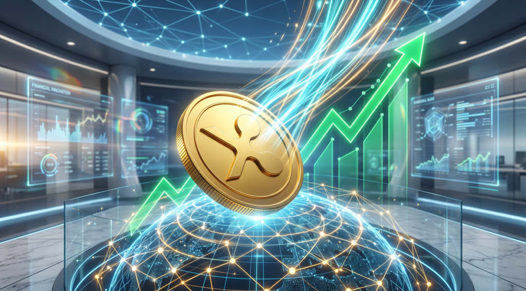 harga xrp hari ini - Blog Nanovest Gold Ripple/XRP coin hovering above a glowing globe with interconnected network lines and a rising green arrow, signaling crypto growth.