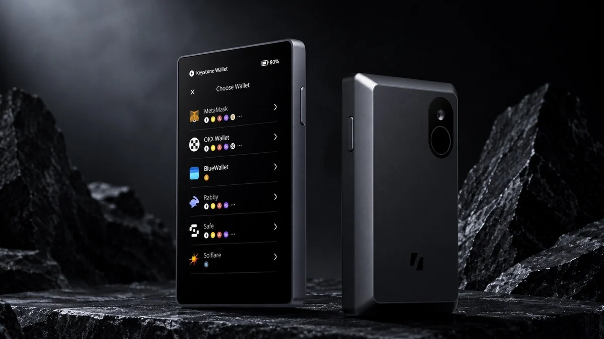 Dark, rectangular hardware wallet standing upright with a touchscreen showing a 'Choose Wallet' list (MetaMask, OKX Wallet, BlueWallet, Rabby, Safe, Solflare) on a rocky, dark background.]','Two sleek crypto hardware wallets on a rough stone surface; the front device displays a wallet-selection menu on its screen.','Close-up of a crypto hardware wallet with a wallet-chooser screen and multiple wallet apps listed, set against a dark rocky backdrop.','A pair of metal crypto wallets on a dark, textured surface; screen shows a menu to select among different wallets.','Rear view of the second wallet with a circular sensor/ camera, while the front wallet shows wallet options on its display.']} }`fillment? Wait, adjust. The last one may be off. Ensure valid JSON. I'll provide cleaned.} Hmm need proper strings. Let's finalize.```JSON``` not needed but we used. I'll output proper JSON. Let's fix last: remove camera. Provide final.```json{
