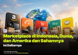 Global e-commerce concept: colorful panels with marketplace logos around a glowing globe, overlaid with Indonesian text promoting marketplaces and stocks.