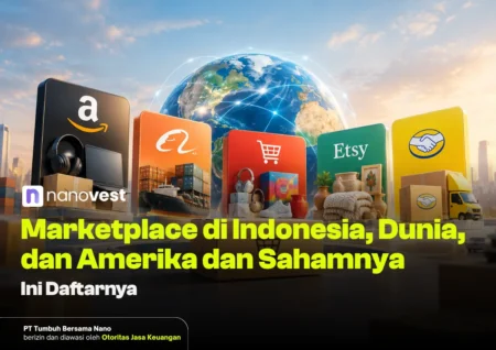 marketplace di indonesia 1 - Blog Nanovest Global e-commerce concept: colorful panels with marketplace logos around a glowing globe, overlaid with Indonesian text promoting marketplaces and stocks.