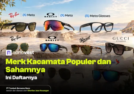 merk kacamata - Blog Nanovest Banner showing popular sunglasses brands (Ray‑Ban, Oakley, Gucci) on a rocky seaside backdrop with Indonesian headline.