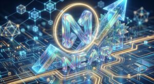 Neon NEAR logo with an upward arrow over a glowing circuit-board background, symbolizing blockchain growth.