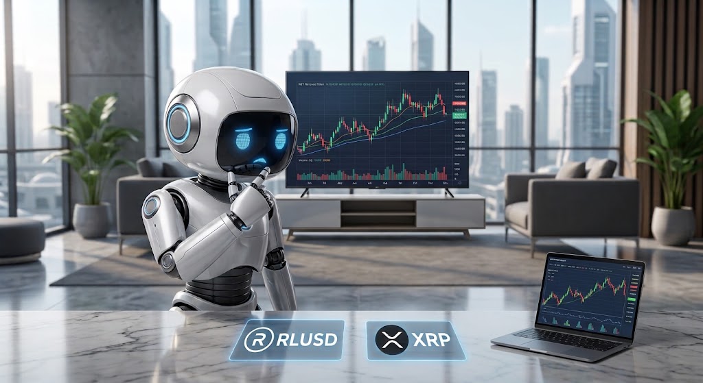 Futuristic robot in a modern office presents crypto market data for RLUSD and XRP with a large monitor and a laptop showing price charts.