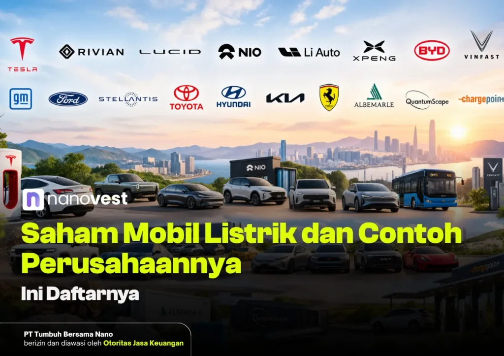 saham mobil listrik - Blog Nanovest Hero banner with row of car logos (Tesla, Rivian, NIO, Li Auto, BYD, VinFast, GM, Ford, Toyota, Hyundai, Ferrari, etc.) above a lineup of EVs against a city skyline; Indonesian headline about electric car stocks.