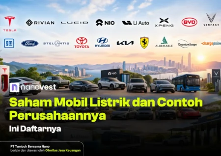 Hero banner with row of car logos (Tesla, Rivian, NIO, Li Auto, BYD, VinFast, GM, Ford, Toyota, Hyundai, Ferrari, etc.) above a lineup of EVs against a city skyline; Indonesian headline about electric car stocks.