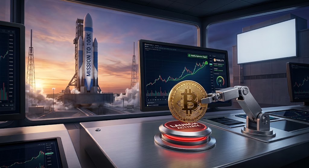 Crypto launch scene: a bitcoin coin held by a robotic arm over a red launch button inside a high-tech control room, rocket launch outside window.