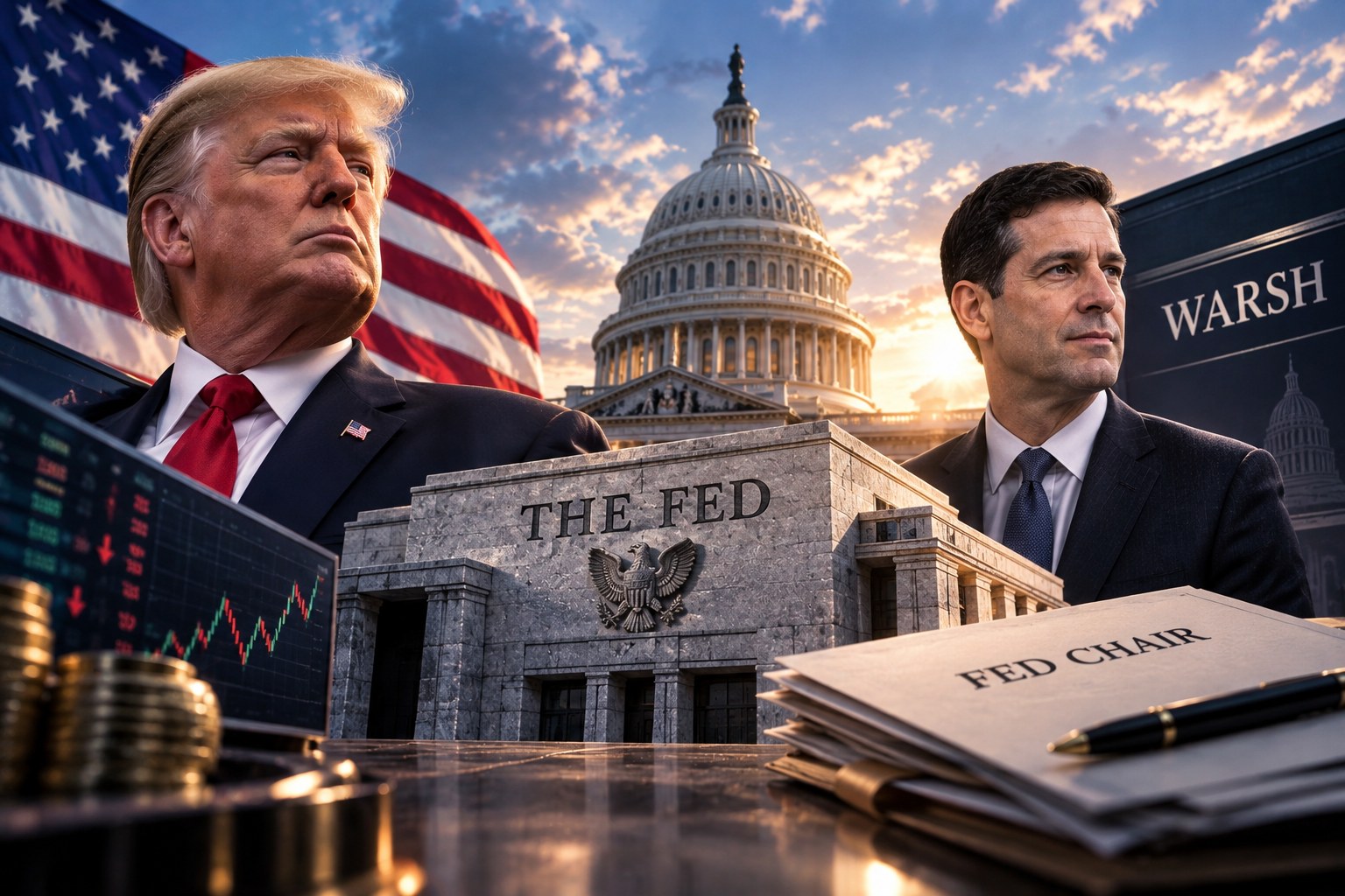 Two suited men stand before the Federal Reserve building with an American flag, stock charts, and a desk labeled 'FED CHAIR' in the foreground.