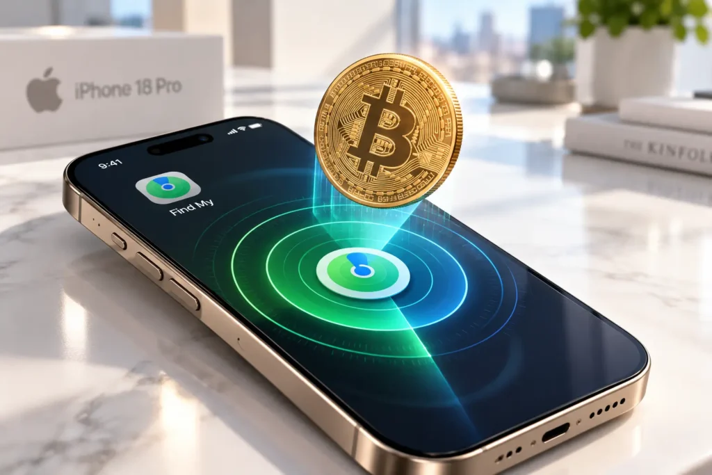 A golden Bitcoin coin emerging from an iPhone displaying Apple Find My - Blog Nanovest Koin Bitcoin emas muncul dari iPhone yang menampilkan Apple Find My.