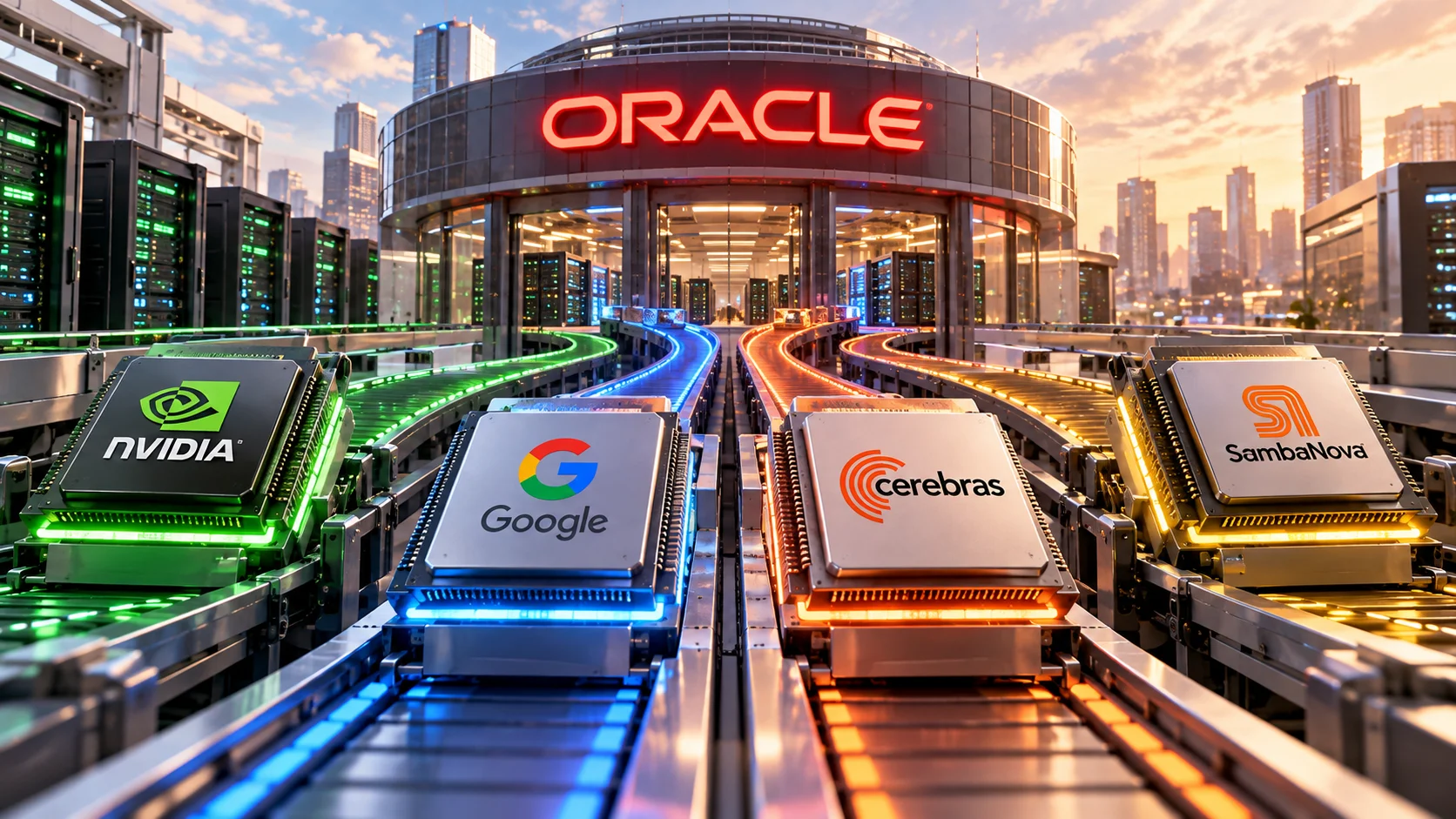 Ilustrasi Oracle mengintegrasikan chip AI dari Nvidia, Google, Cerebras, dan SambaNova untuk memperluas pilihan infrastruktur cloud.