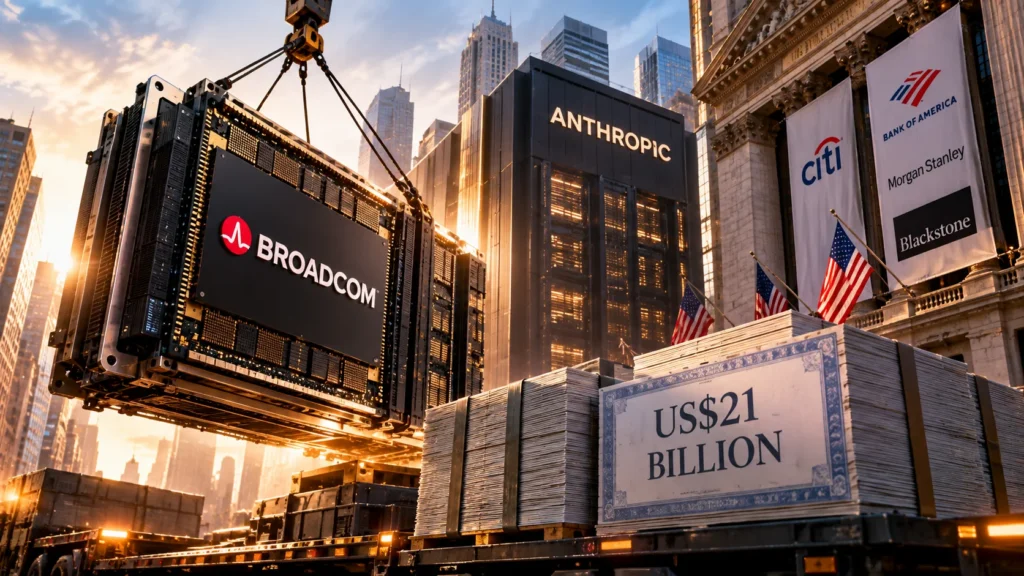 Broadcom Siapkan Chip AI Anthropic, Bank Bidik Obligasi US Miliar - Blog Nanovest Ilustrasi chip AI Broadcom untuk Anthropic dengan dukungan bank-bank Wall Street, menggambarkan rencana pembiayaan obligasi senilai US$21 miliar.