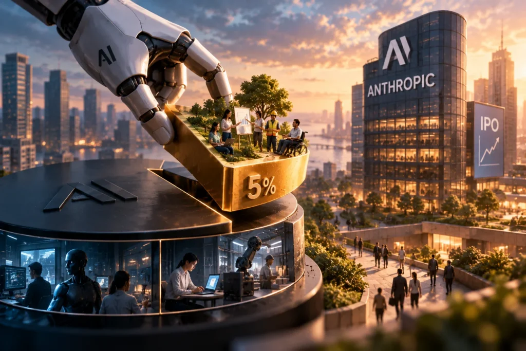 Anthropic Siapkan 5% Saham untuk Atasi Dampak Sosial AI - Blog Nanovest Ilustrasi Anthropic mengalokasikan 5% saham untuk dana manfaat publik guna mengatasi dampak sosial AI, termasuk otomatisasi pekerjaan, menjelang rencana IPO.