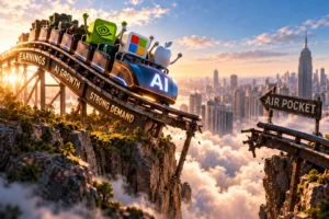 Ilustrasi roller coaster saham AI yang membawa simbol Nvidia, Microsoft, dan Apple menuju jalur terputus, menggambarkan optimisme pertumbuhan earnings Wall Street hingga 2027 sekaligus risiko koreksi akibat tingginya ekspektasi AI.