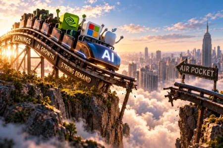 Ilustrasi roller coaster saham AI yang membawa simbol Nvidia, Microsoft, dan Apple menuju jalur terputus, menggambarkan optimisme pertumbuhan earnings Wall Street hingga 2027 sekaligus risiko koreksi akibat tingginya ekspektasi AI.