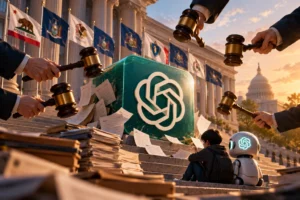 Ilustrasi logo OpenAI dikelilingi palu hakim dan dokumen hukum di depan gedung pengadilan AS, dengan seorang remaja dan robot AI, menggambarkan gugatan delapan negara bagian terhadap OpenAI terkait keamanan ChatGPT dan perlindungan pengguna muda.