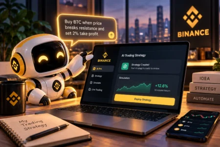 Binance Rilis AI Trading untuk Semua Pengguna Ilustrasi robot AI Binance membantu membuat dan menjalankan strategi trading kripto otomatis melalui instruksi percakapan tanpa coding.