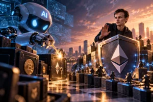 Ilustrasi robot AI mencoba membuka kunci kriptografi blockchain, sementara sosok pengembang melindungi Ethereum dengan perisai, menggambarkan perdebatan mengenai potensi ancaman AI terhadap keamanan aset kripto.