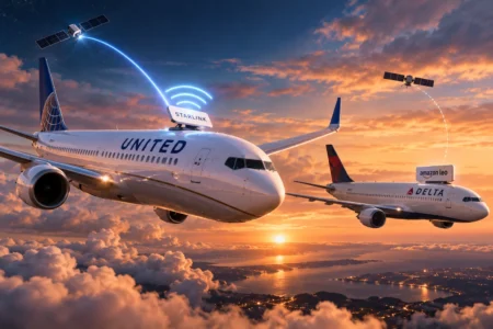 United Ungguli Delta dalam Ekspansi Wi-Fi Starlink Ilustrasi pesawat United Airlines dengan koneksi satelit Starlink terbang mendahului pesawat Delta Air Lines yang menggunakan Amazon Leo, menggambarkan persaingan ekspansi Wi-Fi satelit dalam industri penerbangan AS.