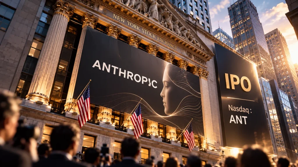 Anthropic Ajukan IPO, Pendapatan Tembus US,3 Miliar - Blog Nanovest Ilustrasi pengumuman IPO Anthropic di bursa saham AS, menggambarkan rencana pencatatan saham Nasdaq setelah pendapatan perusahaan mencapai US$16,3 miliar.