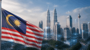 Tampilan visual abstrak teknologi blockchain cloud dan tokenisasi obligasi sukuk finansial modern