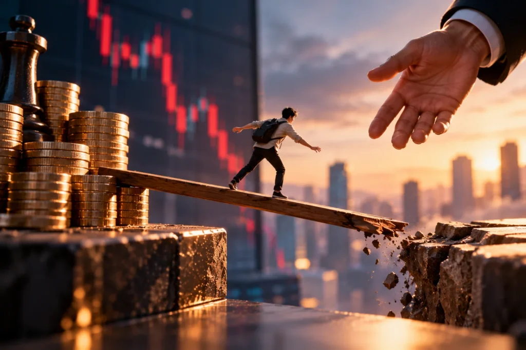 Ilustrasi seorang trader berjalan di atas jembatan rapuh yang ditopang tumpukan koin, dengan grafik saham menurun di belakangnya, menggambarkan risiko leverage dan margin call dalam trading.