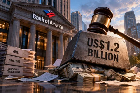Gagal Awasi Transaksi, Bank of America Didenda US,2 Miliar - Blog Nanovest Ilustrasi palu hukum menghantam tumpukan uang senilai US$1,2 miliar di depan gedung Bank of America, menggambarkan sanksi regulator AS akibat kegagalan pengawasan transaksi mencurigakan dan kepatuhan anti pencucian uang.