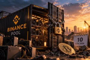 Ilustrasi fasilitas penambangan Bitcoin Binance Pool dengan perangkat mining, pintu bergembok, dan kalender 10 November 2026, menggambarkan penghentian layanan mining Binance serta penutupan infrastruktur pendukungnya.