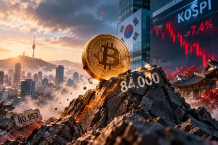 Bitcoin Dekati US.000 di Tengah Aksi Jual Saham Asia - Blog Nanovest Ilustrasi koin Bitcoin mendaki menuju level US$84.000 di tengah pelemahan indeks KOSPI Korea Selatan, menggambarkan pemulihan harga BTC saat saham teknologi Asia mengalami tekanan jual.