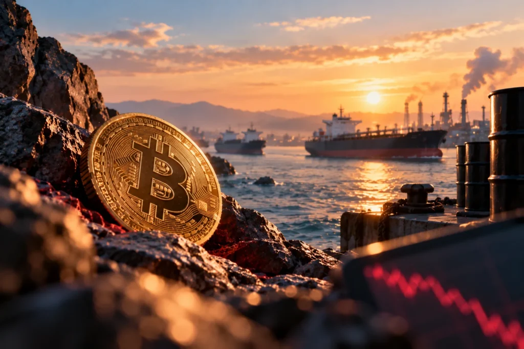 Bitcoin Tertekan, Minyak Naik akibat Serangan Tanker Iran - Blog Nanovest Ilustrasi Bitcoin di tepi jalur perdagangan minyak dengan kapal tanker dan kilang di kejauhan, menggambarkan tekanan pada BTC di bawah US$84.000 saat harga minyak dan risiko geopolitik meningkat.