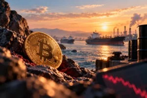 Ilustrasi Bitcoin di tepi jalur perdagangan minyak dengan kapal tanker dan kilang di kejauhan, menggambarkan tekanan pada BTC di bawah US$84.000 saat harga minyak dan risiko geopolitik meningkat.