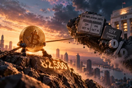 Ilustrasi koin Bitcoin bertahan di level support US$82.500 sambil menghadapi tekanan yield Treasury AS dan data inflasi CPI serta PPI, menggambarkan ketidakpastian arah harga BTC menjelang keputusan The Fed.