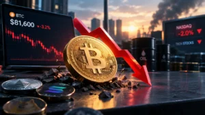alt text singkat? Ilustrasi Bitcoin dan aset kripto melemah di tengah penurunan saham teknologi AS serta kenaikan harga minyak.