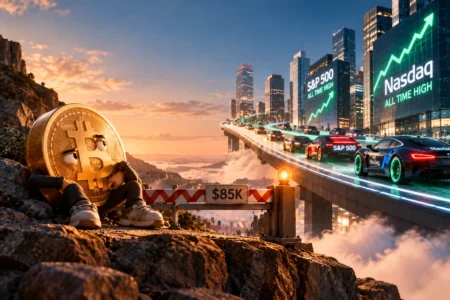Ilustrasi Bitcoin tertahan di level US$85.000 sementara Nasdaq dan S&P 500 melaju ke rekor tertinggi, menggambarkan divergensi antara pasar kripto dan saham AS.