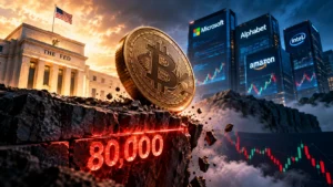Ilustrasi Bitcoin di ambang level US$80.000, dengan gedung The Fed dan perusahaan Big Tech yang menggambarkan tekanan pasar menjelang keputusan suku bunga dan earnings.