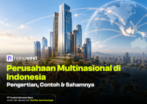 Futuristic city skyline with a glowing globe and network lines; Indonesian headline about multinational companies in Indonesia.