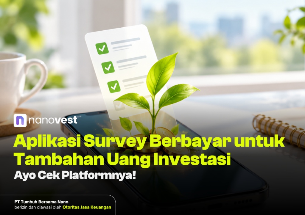 Aplikasi Survey Berbayar - Blog Nanovest Nanovest promo banner: smartphone with a growing plant on coins and a checklist, advertising a paid survey app for extra investment money.