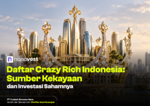 Hero image of a gilded crown sculpture over a modern Indonesian city skyline, for an article on Indonesia's ultra-wealthy and their stock investments (nanoVest).