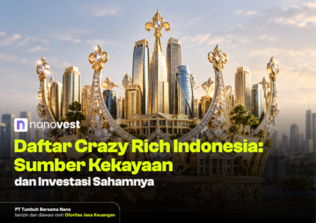 Hero image of a gilded crown sculpture over a modern Indonesian city skyline, for an article on Indonesia's ultra-wealthy and their stock investments (nanoVest).