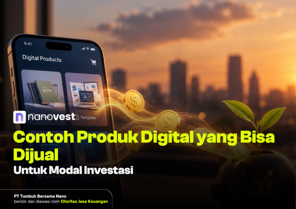 Contoh Produk Digital - Blog Nanovest Smartphone screen showing a 'Digital Products' gallery with glowing coins and a sprouting plant against a sunset city skyline; headline reads 'Contoh Produk Digital yang Bisa Dijual Untuk Modal Investasi'.