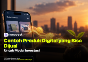 Smartphone screen showing a 'Digital Products' gallery with glowing coins and a sprouting plant against a sunset city skyline; headline reads 'Contoh Produk Digital yang Bisa Dijual Untuk Modal Investasi'.