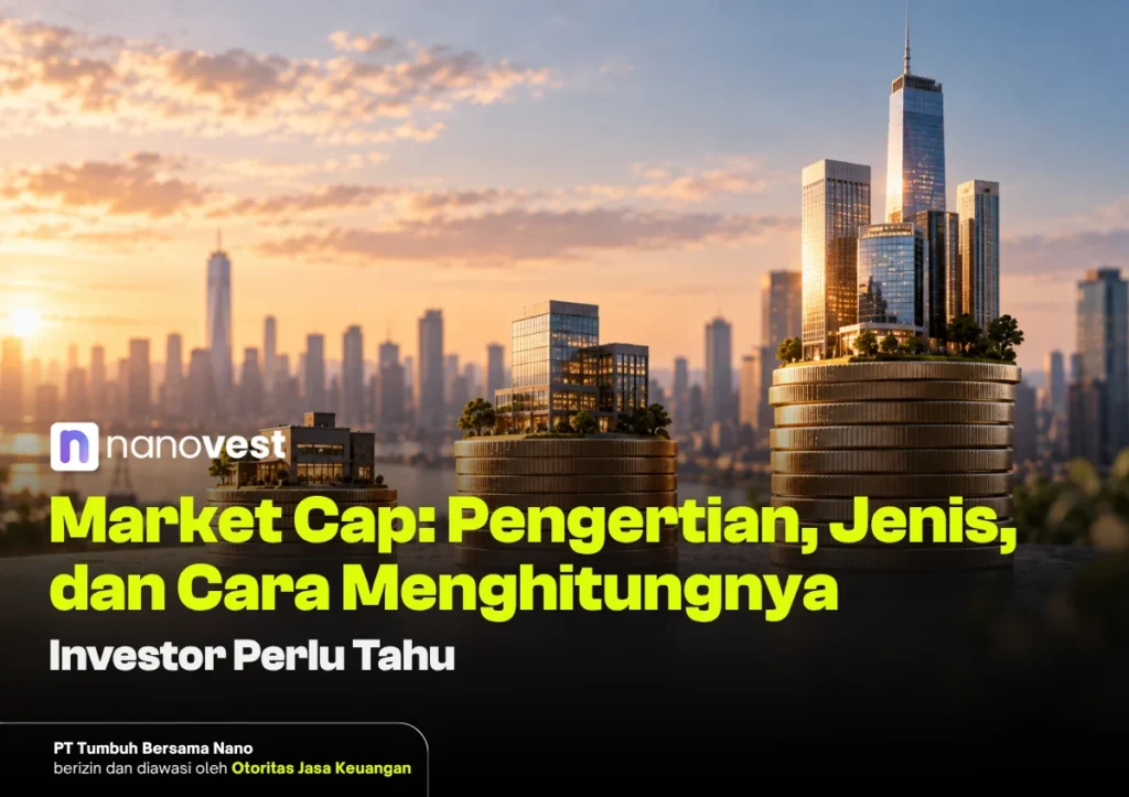 Market Cap: Pengertian, Jenis, Cara Menghitung, dan Fungsinya - Blog Nanovest City skyline with coin-stacked towers and modern buildings, sunset glow behind; Indonesian headline about market cap on the cover. (Nanovest)