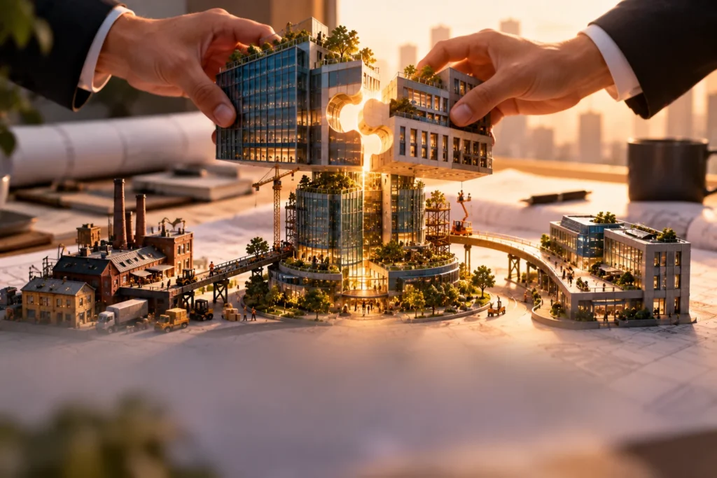 Miniature architectural model of a modern building complex being assembled by two hands at sunset.