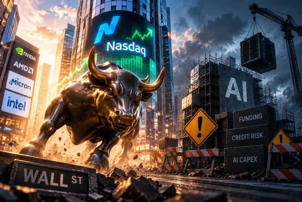 Nasdaq Rebound, Risiko Pendanaan AI Masih Mengintai - Blog Nanovest Ilustrasi banteng Wall Street dan indeks Nasdaq menguat, sementara proyek infrastruktur AI masih dibayangi risiko pendanaan dan biaya investasi yang tinggi.