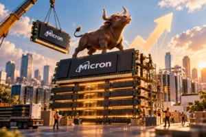 Ilustrasi chip memori Micron bertumpuk dengan simbol bull di puncaknya, menggambarkan optimisme Morgan Stanley terhadap saham MU di tengah tingginya permintaan memori untuk AI.