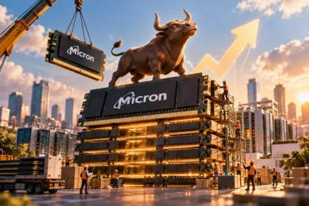 Ilustrasi chip memori Micron bertumpuk dengan simbol bull di puncaknya, menggambarkan optimisme Morgan Stanley terhadap saham MU di tengah tingginya permintaan memori untuk AI.